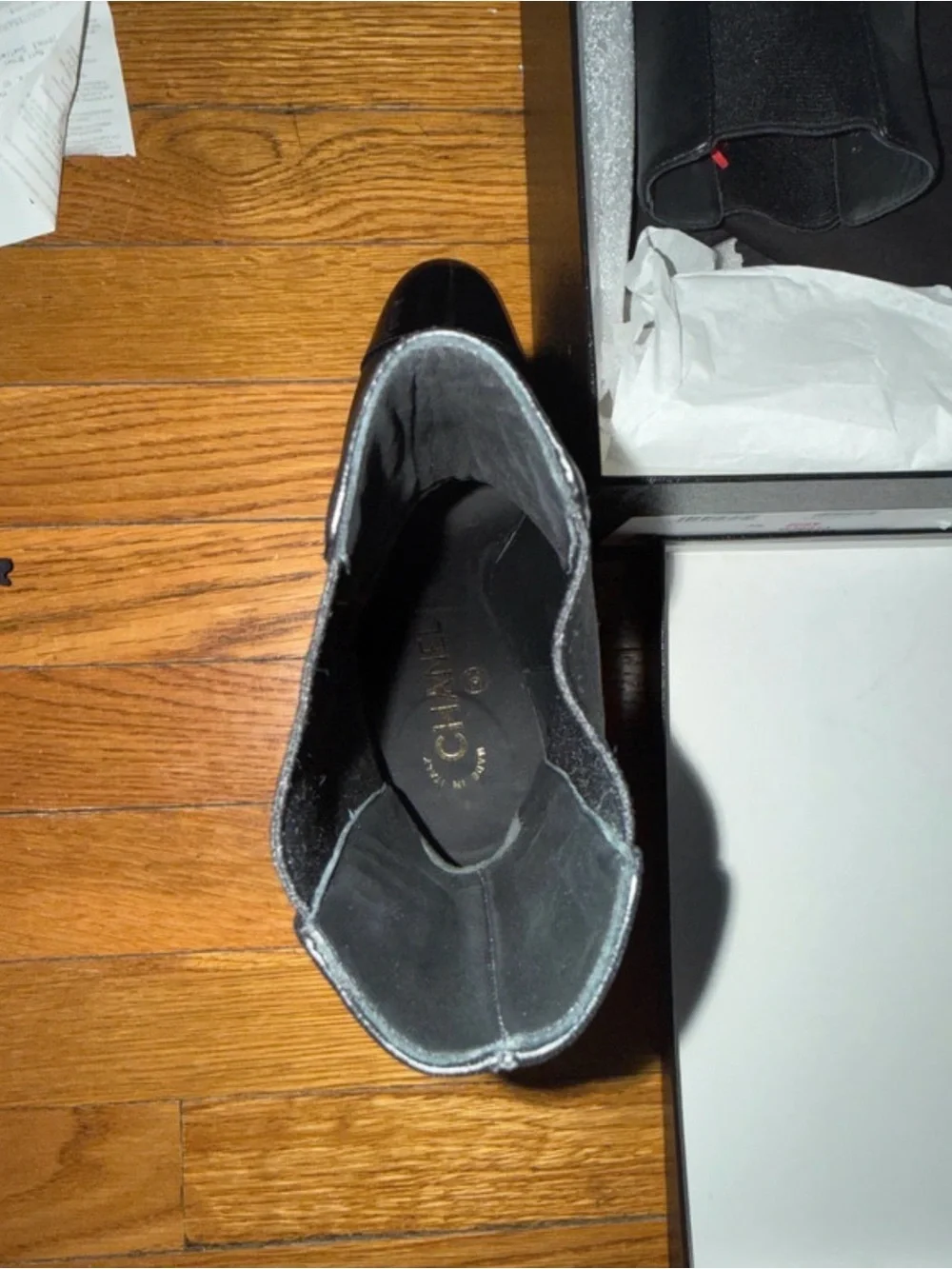 CHANEL Black Leather Mid-Calf Heeled Boots with CC Heel Logo - Picture 7 of 7
